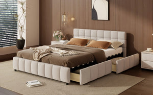 English Elm Queen Storage Platform Bed Linen Upholstered Tufted Headboard Four Drawer Modern Frame Beige SF000240AAA