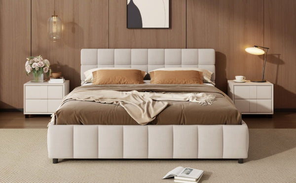 English Elm Queen Storage Platform Bed Linen Upholstered Tufted Headboard Four Drawer Modern Frame Beige SF000240AAA