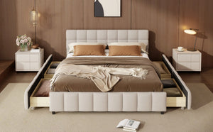 English Elm Queen Storage Platform Bed Linen Upholstered Tufted Headboard Four Drawer Modern Frame Beige SF000240AAA