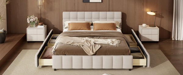 English Elm Queen Storage Platform Bed Linen Upholstered Tufted Headboard Four Drawer Modern Frame Beige SF000240AAA