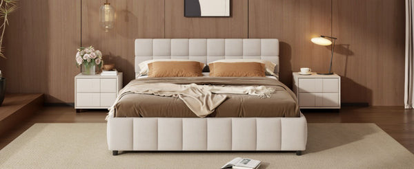 English Elm Queen Storage Platform Bed Linen Upholstered Tufted Headboard Four Drawer Modern Frame Beige SF000240AAA