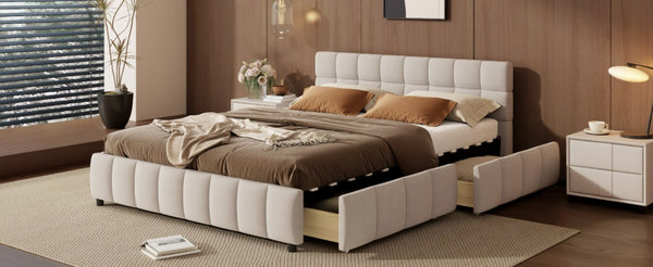 English Elm Queen Storage Platform Bed Linen Upholstered Tufted Headboard Four Drawer Modern Frame Beige SF000240AAA