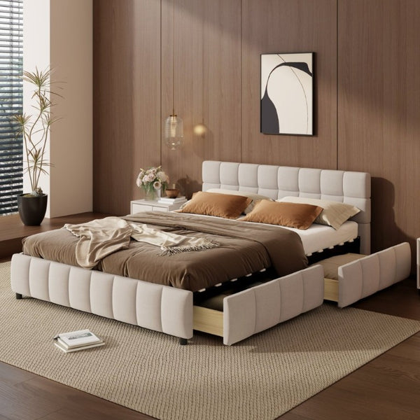 English Elm Queen Storage Platform Bed Linen Upholstered Tufted Headboard Four Drawer Modern Frame Beige SF000240AAA