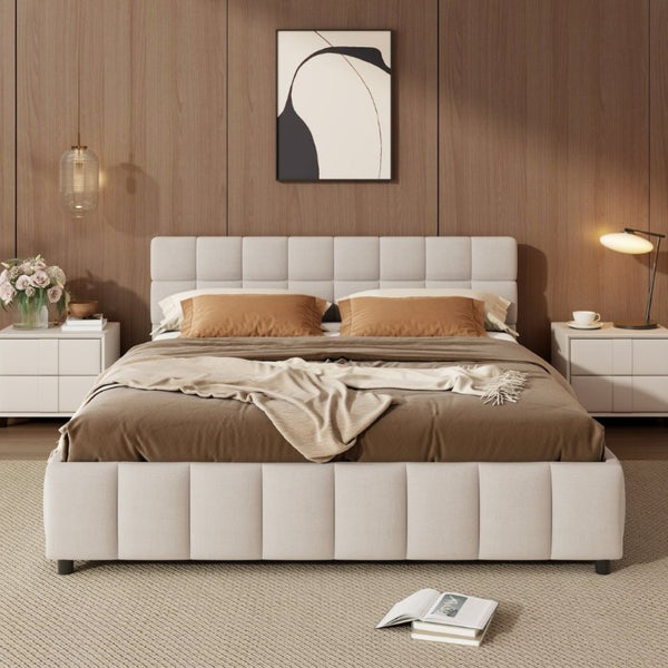 English Elm Queen Storage Platform Bed Linen Upholstered Tufted Headboard Four Drawer Modern Frame Beige SF000240AAA