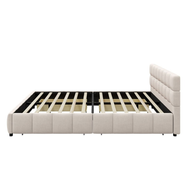 English Elm Queen Storage Platform Bed Linen Upholstered Tufted Headboard Four Drawer Modern Frame Beige SF000240AAA