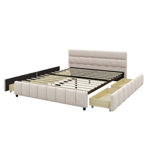 English Elm Queen Storage Platform Bed Linen Upholstered Tufted Headboard Four Drawer Modern Frame Beige SF000240AAA