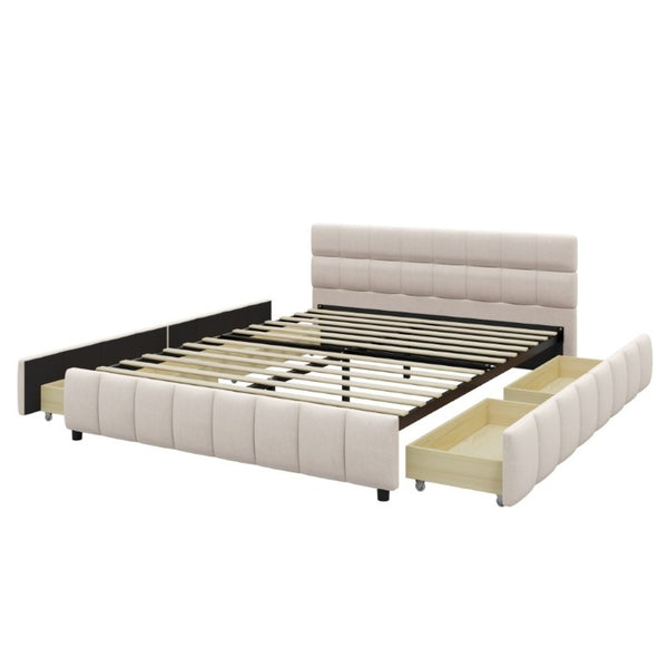 English Elm Queen Storage Platform Bed Linen Upholstered Tufted Headboard Four Drawer Modern Frame Beige SF000240AAA