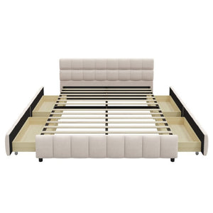 English Elm Queen Storage Platform Bed Linen Upholstered Tufted Headboard Four Drawer Modern Frame Beige SF000240AAA