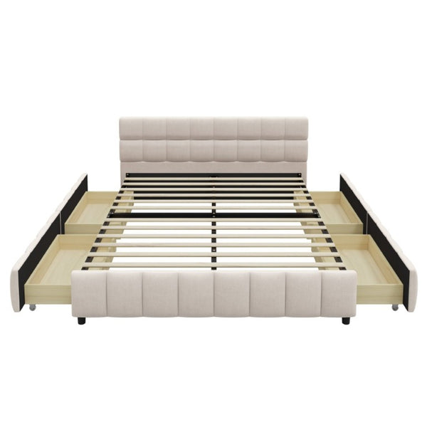 English Elm Queen Storage Platform Bed Linen Upholstered Tufted Headboard Four Drawer Modern Frame Beige SF000240AAA
