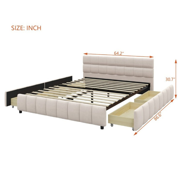 English Elm Queen Storage Platform Bed Linen Upholstered Tufted Headboard Four Drawer Modern Frame Beige SF000240AAA