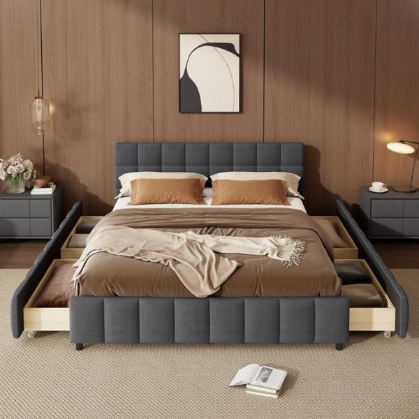 English Elm Queen Storage Platform Bed Linen Upholstered Tufted Headboard Four Drawer Modern Frame Gray SF000240AAE
