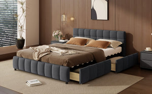 English Elm Queen Storage Platform Bed Linen Upholstered Tufted Headboard Four Drawer Modern Frame Gray SF000240AAE