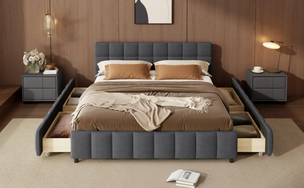 English Elm Queen Storage Platform Bed Linen Upholstered Tufted Headboard Four Drawer Modern Frame Gray SF000240AAE