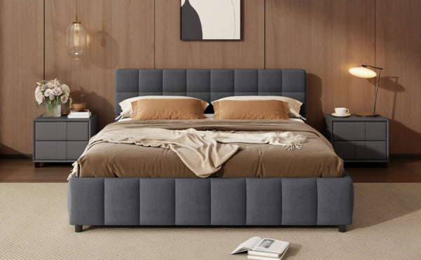 English Elm Queen Storage Platform Bed Linen Upholstered Tufted Headboard Four Drawer Modern Frame Gray SF000240AAE