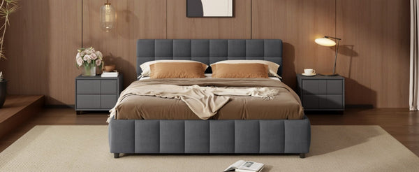 English Elm Queen Storage Platform Bed Linen Upholstered Tufted Headboard Four Drawer Modern Frame Gray SF000240AAE
