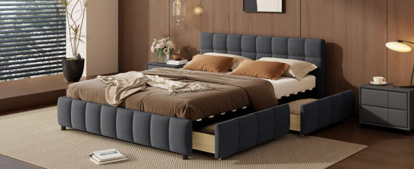 English Elm Queen Storage Platform Bed Linen Upholstered Tufted Headboard Four Drawer Modern Frame Gray SF000240AAE