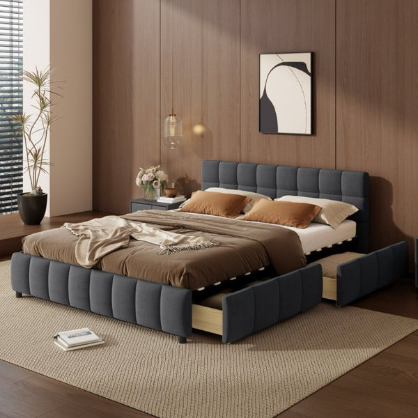 English Elm Queen Storage Platform Bed Linen Upholstered Tufted Headboard Four Drawer Modern Frame Gray SF000240AAE