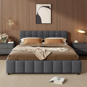 English Elm Queen Storage Platform Bed Linen Upholstered Tufted Headboard Four Drawer Modern Frame Gray SF000240AAE