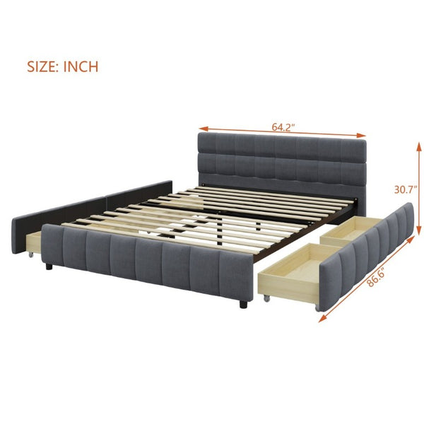 English Elm Queen Storage Platform Bed Linen Upholstered Tufted Headboard Four Drawer Modern Frame Gray SF000240AAE