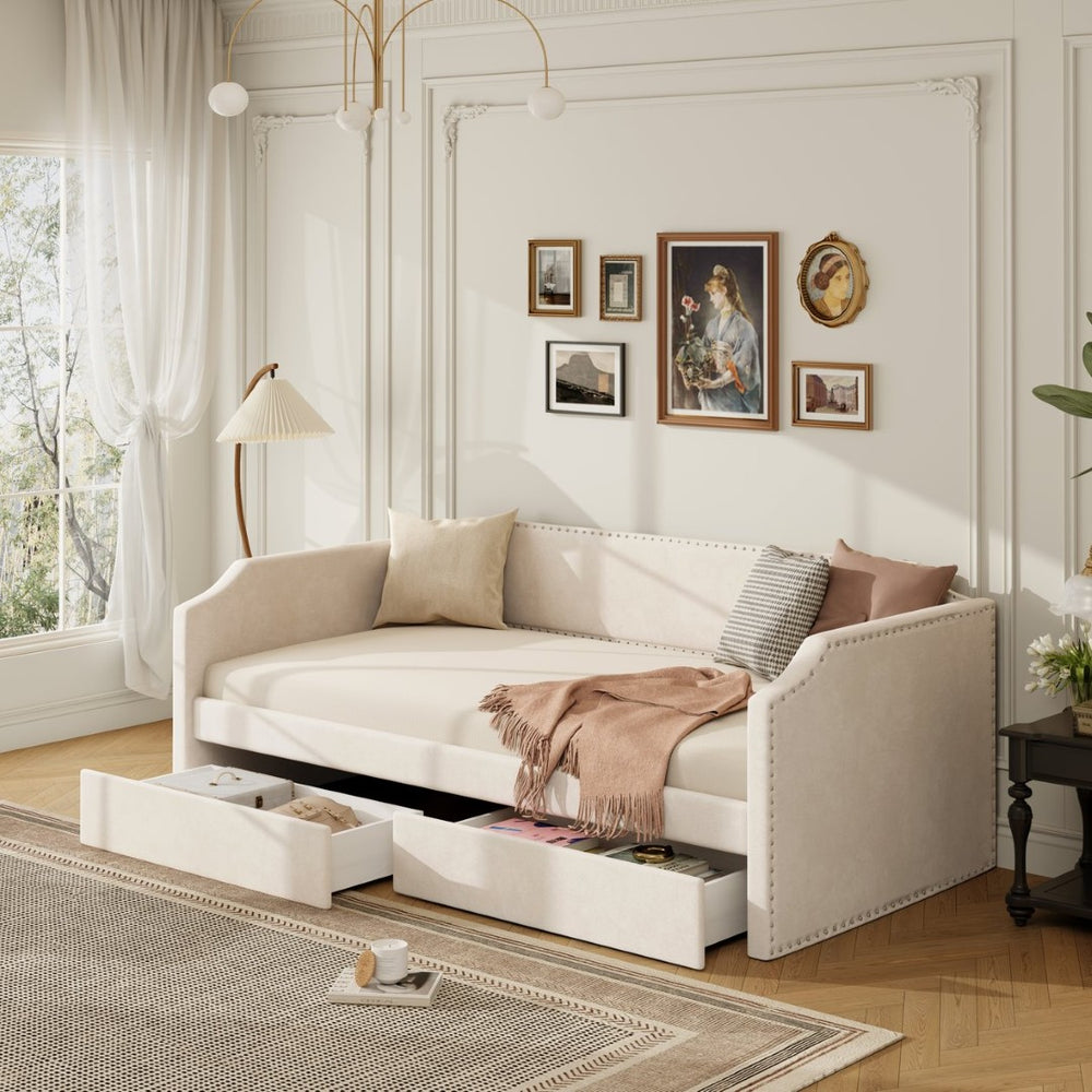 English Elm Twin Velvet Upholstered Daybed with Under Bed Storage Drawers for Small Spaces Beige SF000297AAA