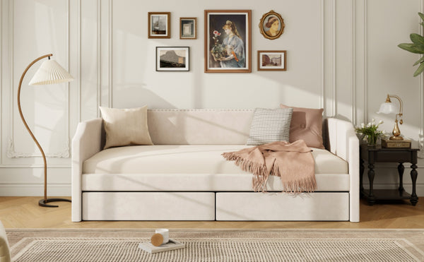 English Elm Twin Velvet Upholstered Daybed with Under Bed Storage Drawers for Small Spaces Beige SF000297AAA
