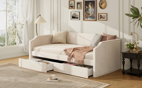 English Elm Twin Velvet Upholstered Daybed with Under Bed Storage Drawers for Small Spaces Beige SF000297AAA