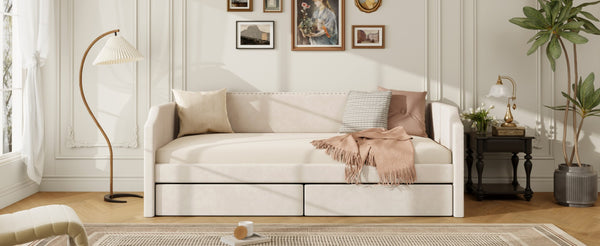 English Elm Twin Velvet Upholstered Daybed with Under Bed Storage Drawers for Small Spaces Beige SF000297AAA