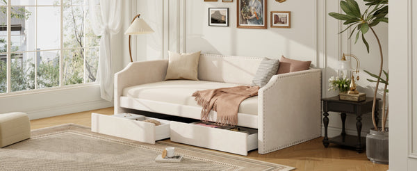 English Elm Twin Velvet Upholstered Daybed with Under Bed Storage Drawers for Small Spaces Beige SF000297AAA