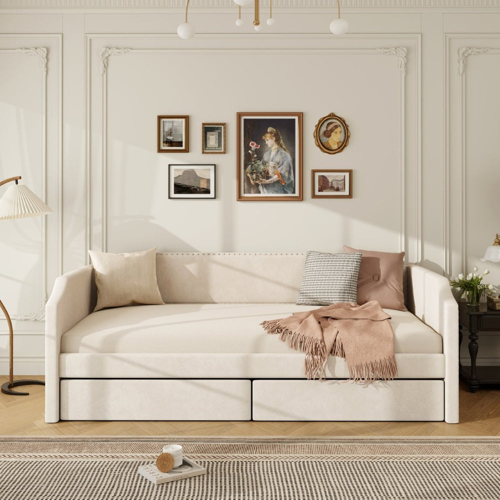 English Elm Twin Velvet Upholstered Daybed with Under Bed Storage Drawers for Small Spaces Beige SF000297AAA