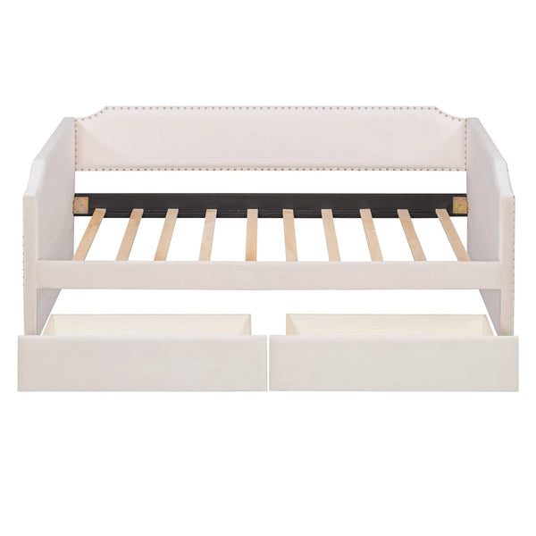 English Elm Twin Velvet Upholstered Daybed with Under Bed Storage Drawers for Small Spaces Beige SF000297AAA