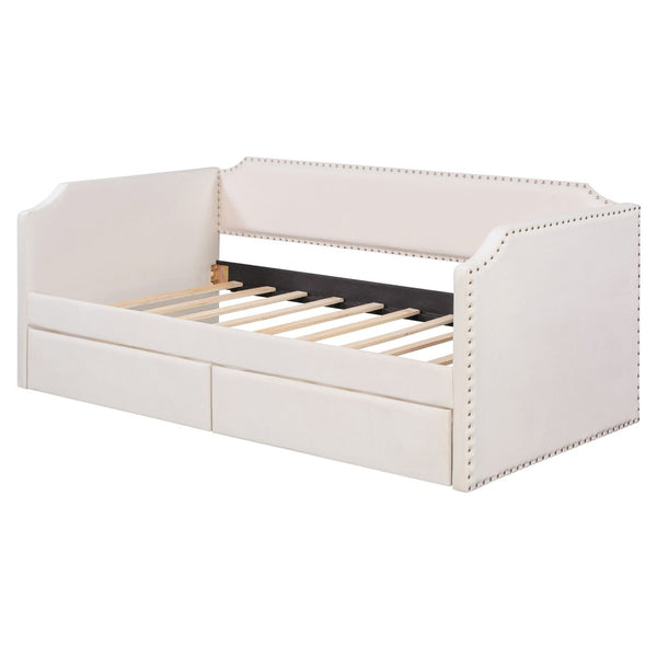 English Elm Twin Velvet Upholstered Daybed with Under Bed Storage Drawers for Small Spaces Beige SF000297AAA