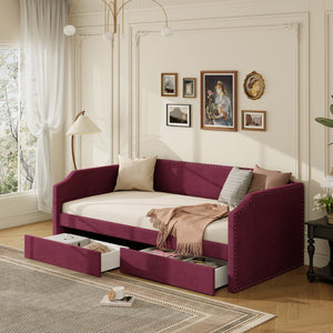 English Elm Twin Velvet Upholstered Daybed with Under Bed Storage Drawers for Small Spaces Wine Red SF000297AAJ