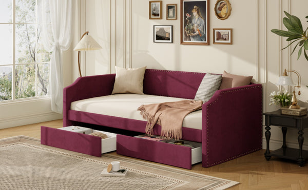 English Elm Twin Velvet Upholstered Daybed with Under Bed Storage Drawers for Small Spaces Wine Red SF000297AAJ