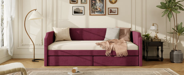 English Elm Twin Velvet Upholstered Daybed with Under Bed Storage Drawers for Small Spaces Wine Red SF000297AAJ