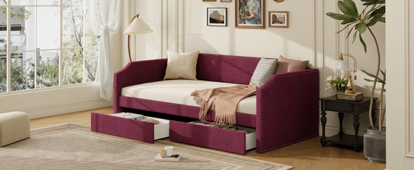 English Elm Twin Velvet Upholstered Daybed with Under Bed Storage Drawers for Small Spaces Wine Red SF000297AAJ