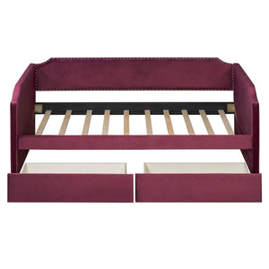 English Elm Twin Velvet Upholstered Daybed with Under Bed Storage Drawers for Small Spaces Wine Red SF000297AAJ