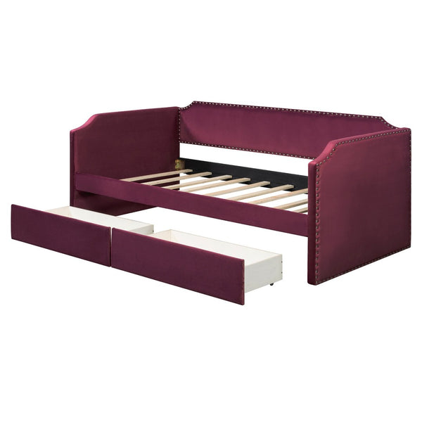 English Elm Twin Velvet Upholstered Daybed with Under Bed Storage Drawers for Small Spaces Wine Red SF000297AAJ