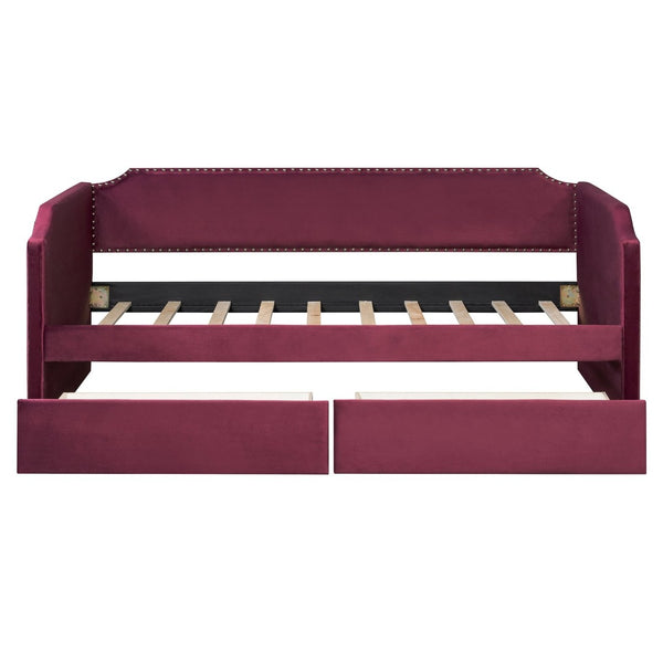 English Elm Twin Velvet Upholstered Daybed with Under Bed Storage Drawers for Small Spaces Wine Red SF000297AAJ