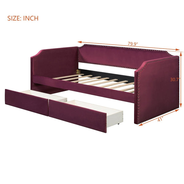 English Elm Twin Velvet Upholstered Daybed with Under Bed Storage Drawers for Small Spaces Wine Red SF000297AAJ