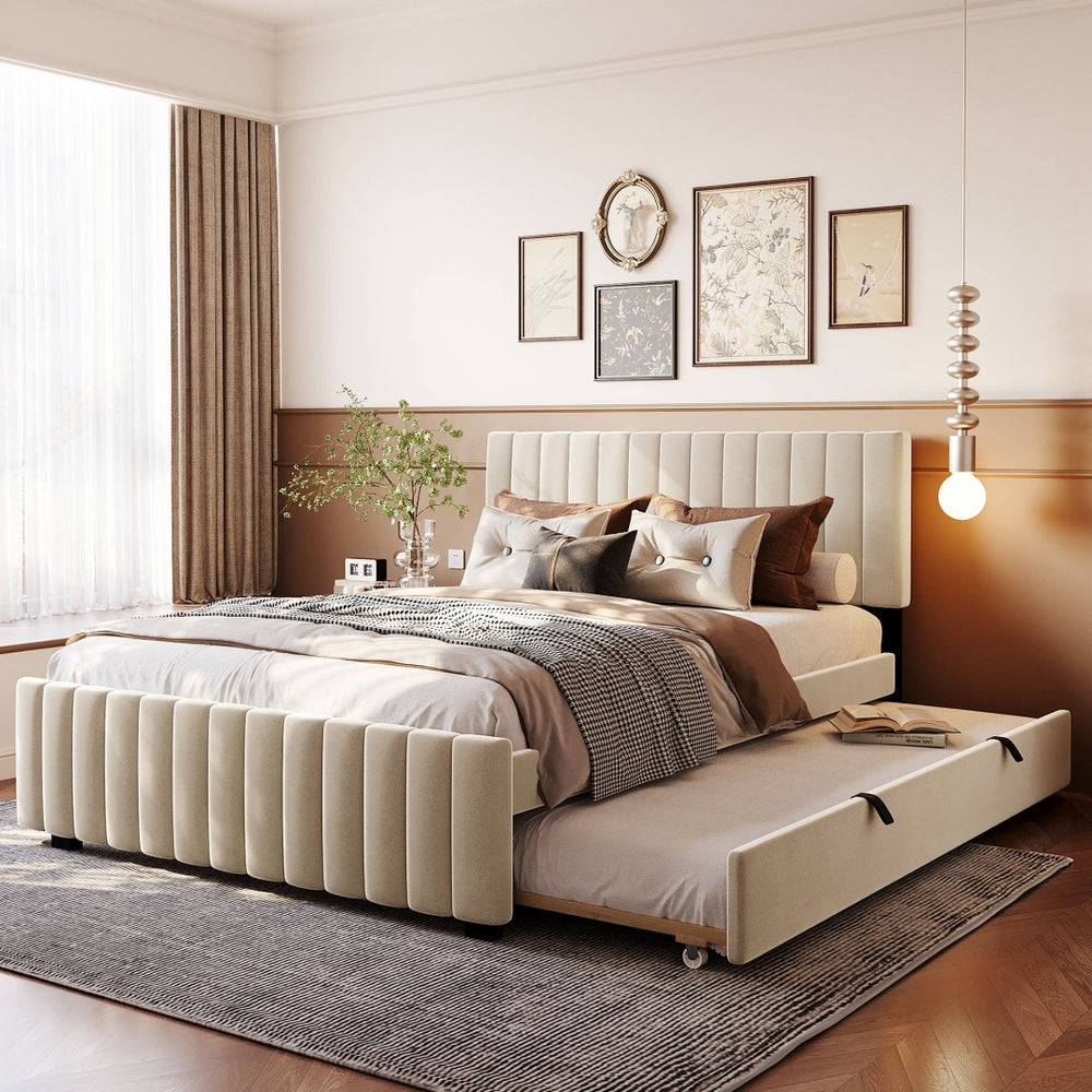 English Elm Queen Velvet Platform Bed with Channel Tufted Headboard and Pull Out Twin Xl Trundle Beige SF000369AAA