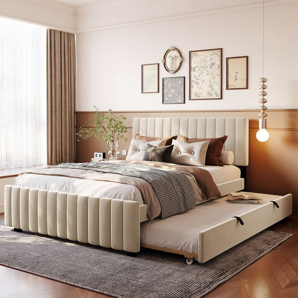 English Elm Queen Velvet Platform Bed with Channel Tufted Headboard and Pull Out Twin Xl Trundle Beige SF000369AAA