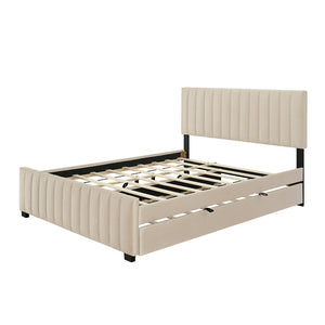 English Elm Queen Velvet Platform Bed with Channel Tufted Headboard and Pull Out Twin Xl Trundle Beige SF000369AAA