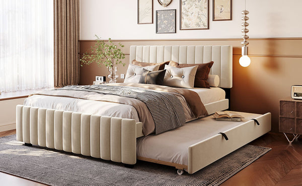 English Elm Queen Velvet Platform Bed with Channel Tufted Headboard and Pull Out Twin Xl Trundle Beige SF000369AAA