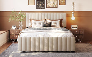 English Elm Queen Velvet Platform Bed with Channel Tufted Headboard and Pull Out Twin Xl Trundle Beige SF000369AAA