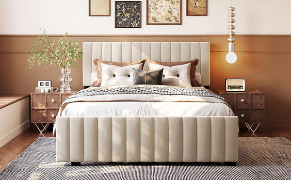 English Elm Queen Velvet Platform Bed with Channel Tufted Headboard and Pull Out Twin Xl Trundle Beige SF000369AAA