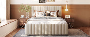 English Elm Queen Velvet Platform Bed with Channel Tufted Headboard and Pull Out Twin Xl Trundle Beige SF000369AAA