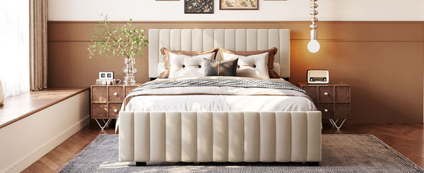 English Elm Queen Velvet Platform Bed with Channel Tufted Headboard and Pull Out Twin Xl Trundle Beige SF000369AAA