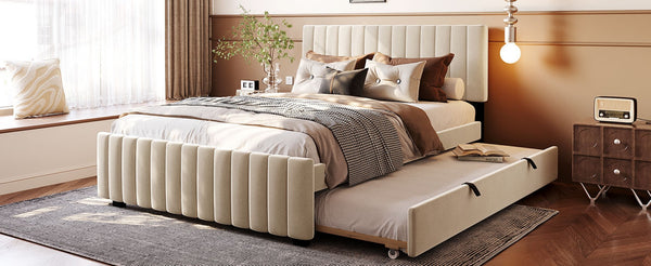 English Elm Queen Velvet Platform Bed with Channel Tufted Headboard and Pull Out Twin Xl Trundle Beige SF000369AAA