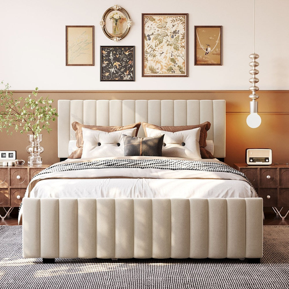 English Elm Queen Velvet Platform Bed with Channel Tufted Headboard and Pull Out Twin Xl Trundle Beige SF000369AAA
