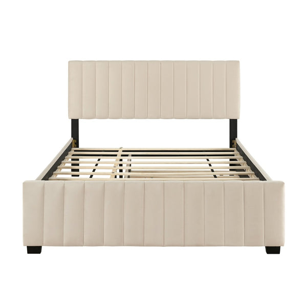 English Elm Queen Velvet Platform Bed with Channel Tufted Headboard and Pull Out Twin Xl Trundle Beige SF000369AAA